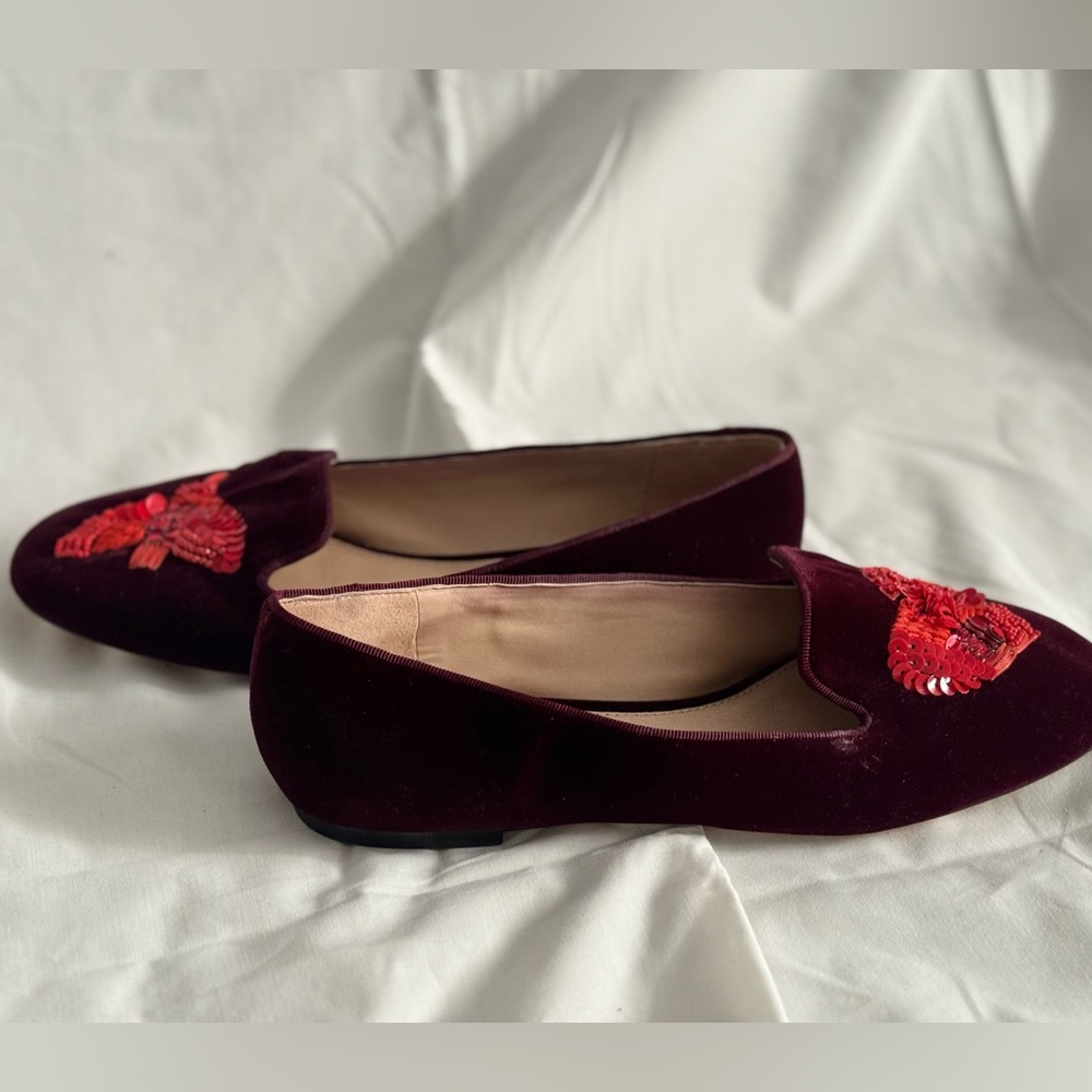 NEW Tory Burch Sz 9 Purple burgundy velvet lofer beaded heart and dove - Picture 4 of 15